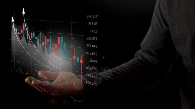 Businessman use  virtual increasing technical graph and up arrow for trader analysis. Stock, Cryptocurrency chart trader, trading, investment. photo