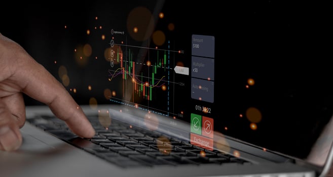 Businessman use  virtual increasing technical graph and up arrow for trader analysis. Stock, Cryptocurrency chart trader, trading, investment. photo