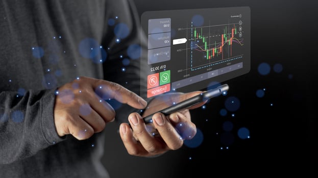 Businessman use  virtual increasing technical graph and up arrow for trader analysis. Stock, Cryptocurrency chart trader, trading, investment. photo