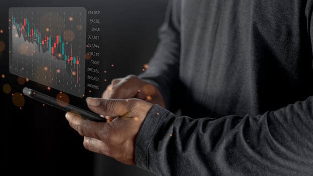Businessman use  virtual increasing technical graph and up arrow for trader analysis. Stock, Cryptocurrency chart trader, trading, investment. photo