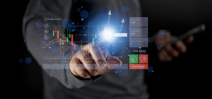 Businessman use  virtual increasing technical graph and up arrow for trader analysis. Stock, Cryptocurrency chart trader, trading, investment. photo