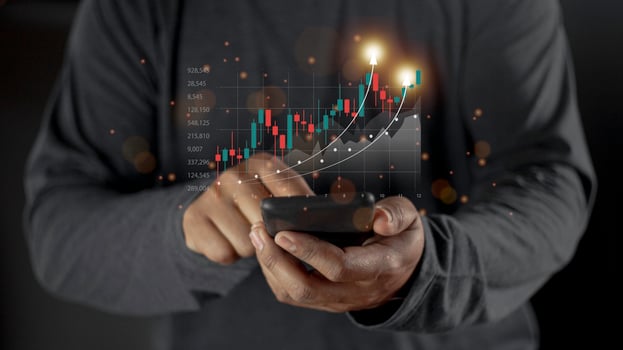 Businessman use  virtual increasing technical graph and up arrow for trader analysis. Stock, Cryptocurrency chart trader, trading, investment. photo