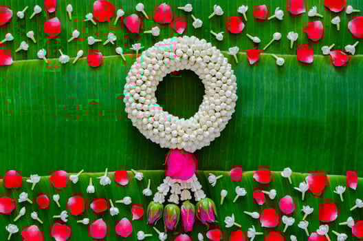 Songkran festival background with jasmine garland and flowers on banana leaf background. photo