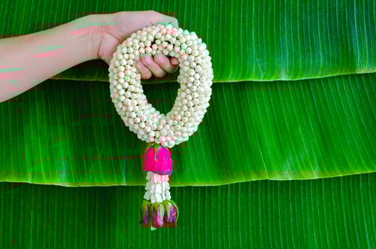 Hand holding jasmine garland with wet banana leaf background for Songkran festival concept. photo