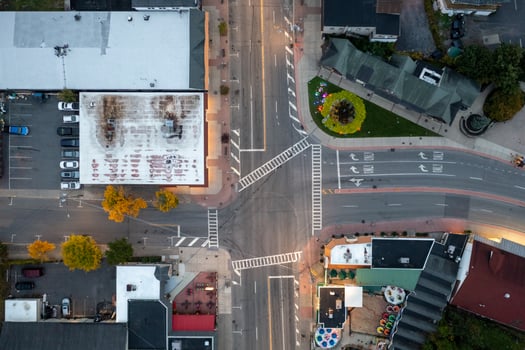Aerial view of a street intersection in the city of Lake George, New York in the early morning. photo