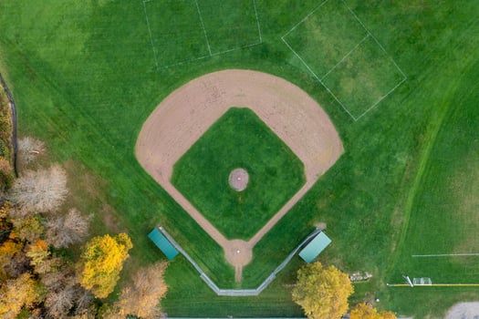 Aerial view of a grassy baseball diamond in Stowe, Vermont. photo