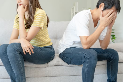 Divorce. Asian couples are desperate and disappointed after marriage. Husband and wife are sad, upset and frustrated after quarrels. distrust, love problems, betrayals. family problem, teenage love photo