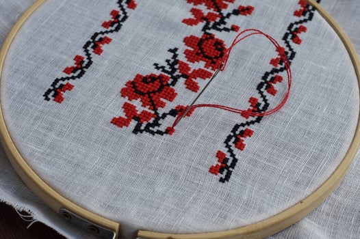 Traditional folk handmade cross-stitch floral pattern photo