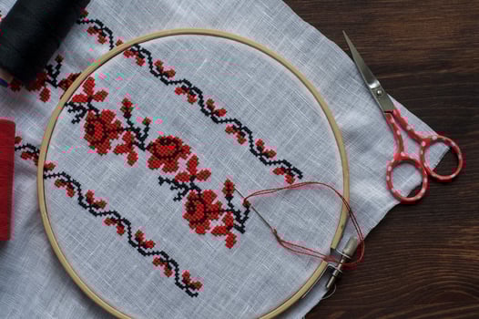 Hand embroidery of flowers ornament on the fabric in the round hoop photo
