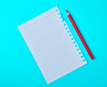 empty rectangular white sheet torn out of notepad and wooden red pencil photo