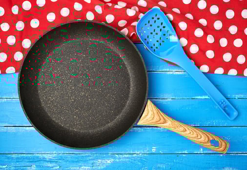 empty black round nonstick frying pan with handle photo