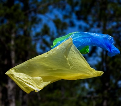 Two polyethylene bags for garbage fly in the air against the background of a pine forest photo