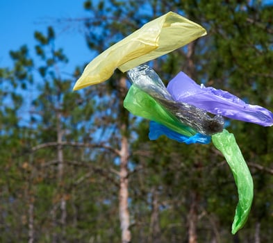 empty garbage plastic bags fly in the forest photo