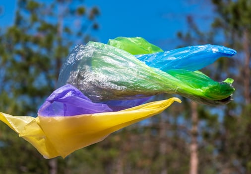 empty garbage plastic bags fly in the forest photo