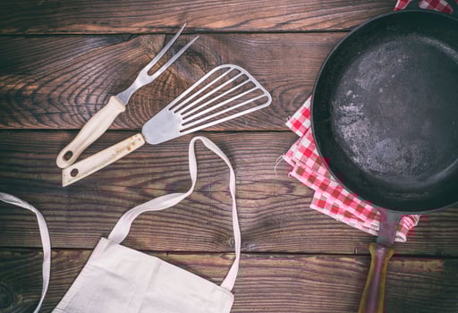 empty black cast-iron frying pan and cooking utensils photo