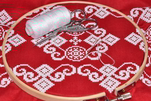 Embroidery needle into the hoop photo