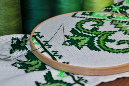 Close-up of embroidery needle and thread and embroidery products with green thread photo