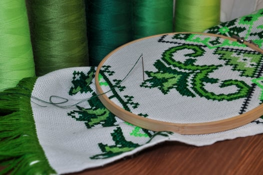 The embroidery hoop with canvas and bright sewing threads for embroidery in the table photo