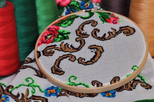 Detail of traditional embroidery towels in the wooden embroidery hoop photo