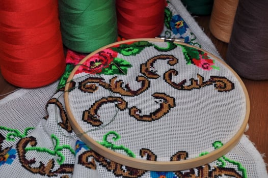 wooden hoop with a cross pattern embroidered cross photo