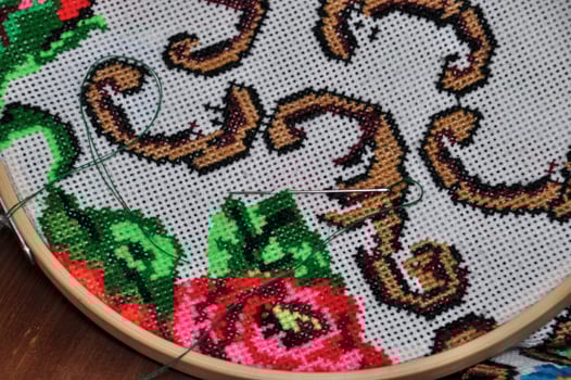 Closeup wooden hoop with the embroidery stitch photo