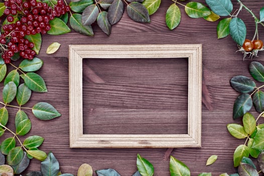 empty wooden frame on a brown surface among the leaves photo