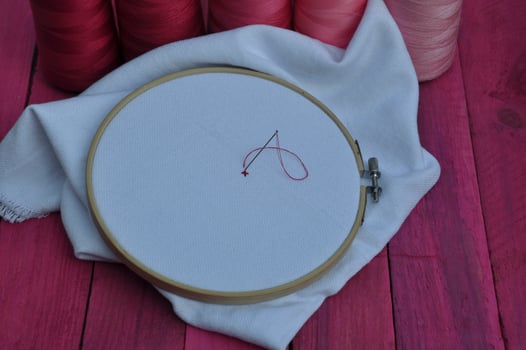 fabric in the hoop for cross stitch on a background of colored thread photo