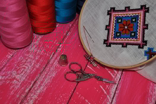 Items for embroidery hoop, fabric, thread, scissors photo