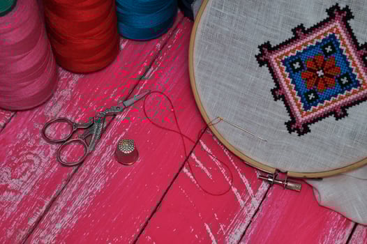 Items for embroidery hoop, fabric, thread photo