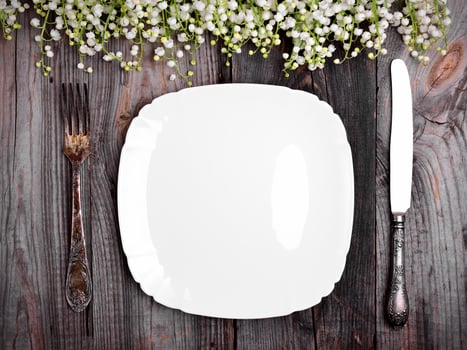 White porcelain plate with iron vintage cutlery photo