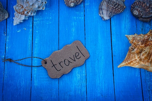 Blue wooden background with shells photo