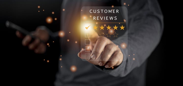 Businessman pressing smiley face emoticon on virtual touch screen. Customer service evaluation concept. Excellent Customer Service Evaluation. photo