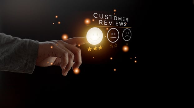Businessman pressing smiley face emoticon on virtual touch screen. Customer service evaluation concept. Excellent Customer Service Evaluation. photo