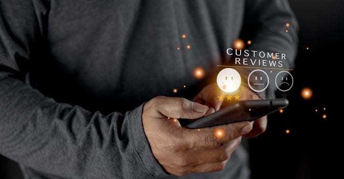 Businessman pressing smiley face emoticon on virtual touch screen. Customer service evaluation concept. Excellent Customer Service Evaluation. photo
