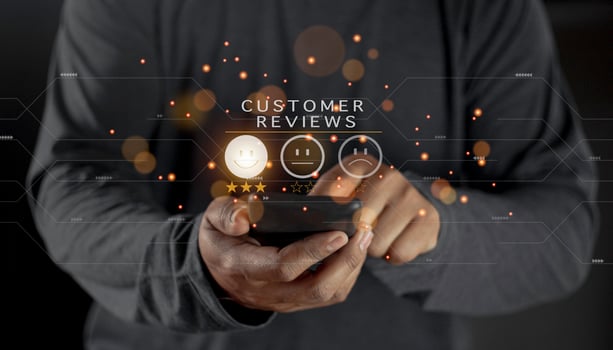 Businessman pressing smiley face emoticon on virtual touch screen. Customer service evaluation concept. Excellent Customer Service Evaluation. photo