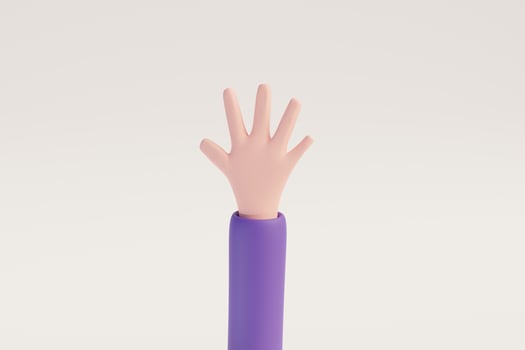 Cartoon hand showing fingers five for Rating or countdown design elements white isolated background. 3D rendered image photo