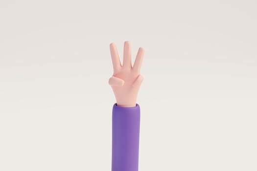 Cartoon hand showing fingers three for Rating or countdown design elements white isolated background. 3D rendered image photo