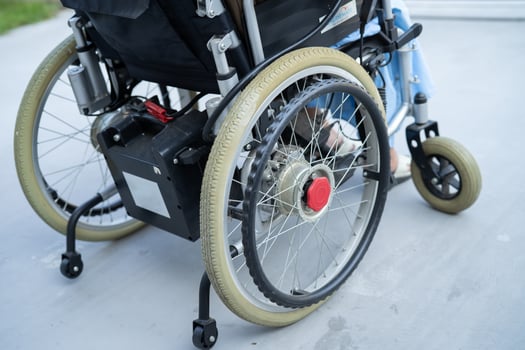 Asian senior or elderly old lady woman patient on electric wheelchair with battery at nursing hospital ward, healthy strong medical concept photo