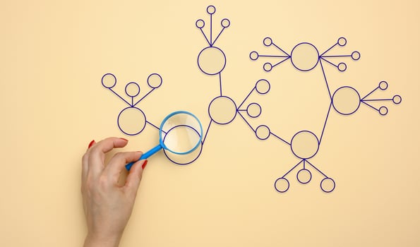 woman's hand holds a magnifying glass on a beige background. Automate business processes photo