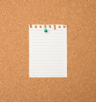 blank sheet of paper pinned by button on brown balsa board photo