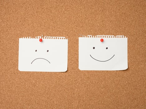 two paper leaves with a smile and a sad emotion attached with a button on a brown board photo