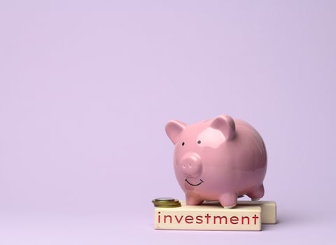 ceramic pink piggy bank and wooden cube with the inscription investment on a lilac background, concept of savings photo