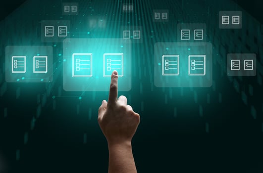 female hand checks documents on a holographic screen. The concept of compliance control, documents with a mark photo