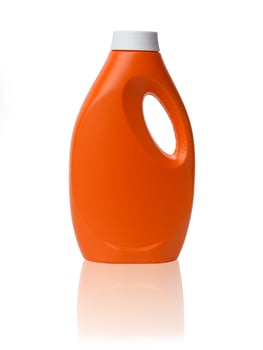 orange plastic bottle for liquid laundry detergent isolated on white background photo