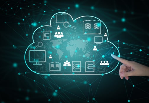 Cloud data storage and businessman's hand. Information exchange and secure data storage. Cloud server and high technology photo