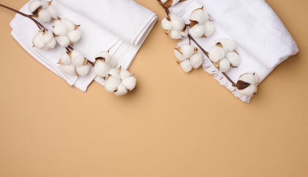 folded white cotton terry towel and sprigs of cotton flower on a light brown background, top view photo