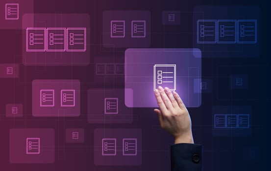 female hand checks documents on a holographic screen. The concept of compliance control, documents with a mark photo