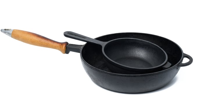 Empty black round metal pan on a white isolated background photo