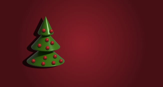 Christmas tree with balls on a red background, 3D render illustration photo