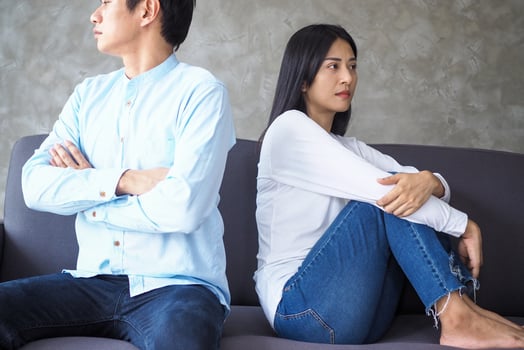 Couples are bored, stressed, upset and irritated after quarreling. Family crisis and relationship problems that come to an end photo